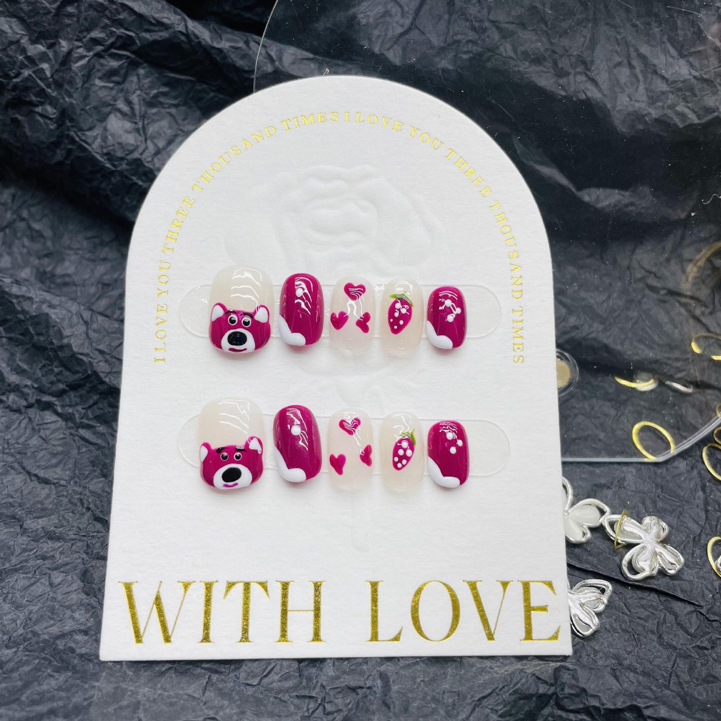 H10 FASHION CUTE STRAWBERRY BEAR HANDMADE NAIL