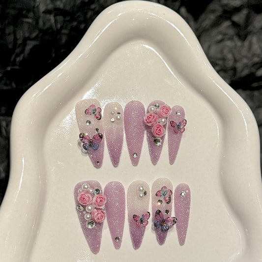 HD1 Aurora Purple Butterfly Love Flower HANDMADE NAIL