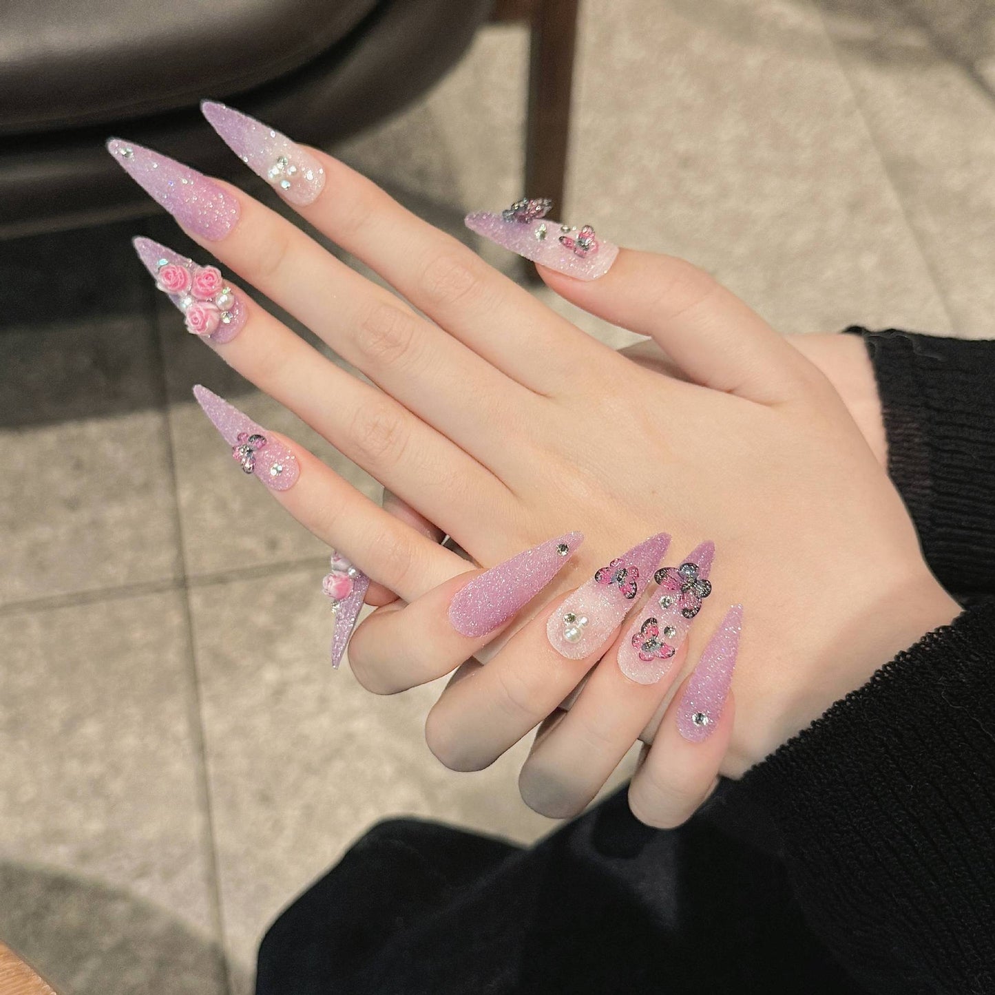 HD1 Aurora Purple Butterfly Love Flower HANDMADE NAIL
