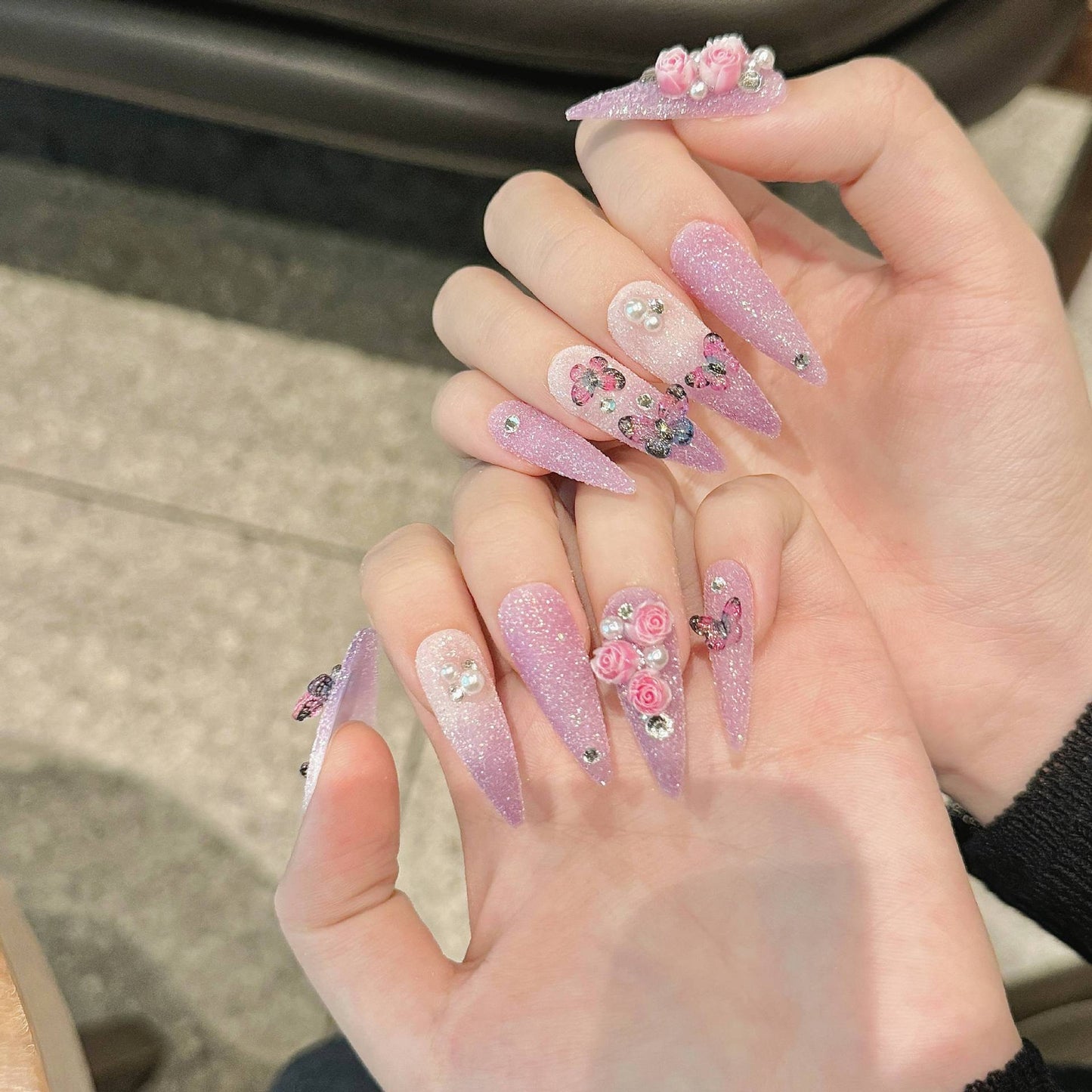 HD1 Aurora Purple Butterfly Love Flower HANDMADE NAIL