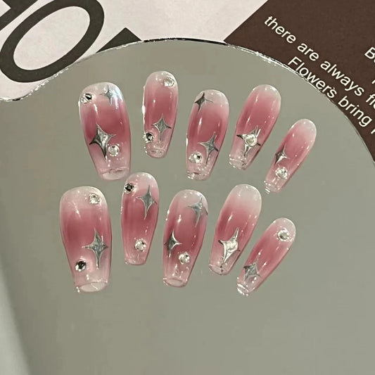 H111 COFFIN PINK BLUSH STARS HANDMADE NAIL