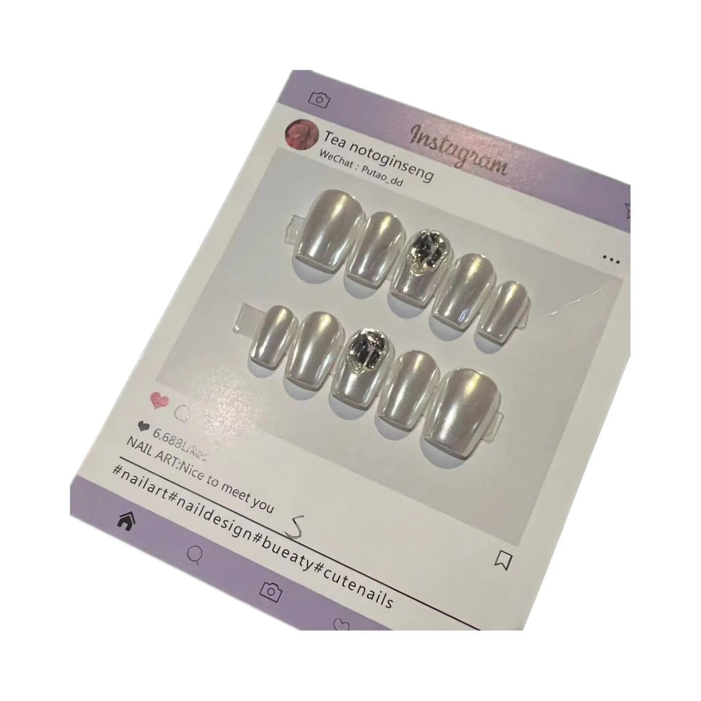 H117 HAILEY BIEBER WITH AURORA WHITE SQUARE HANDMADE NAIL