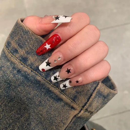 H179 CHRISTMAS BLACK & WHITE STARS HANDMADE NAIL