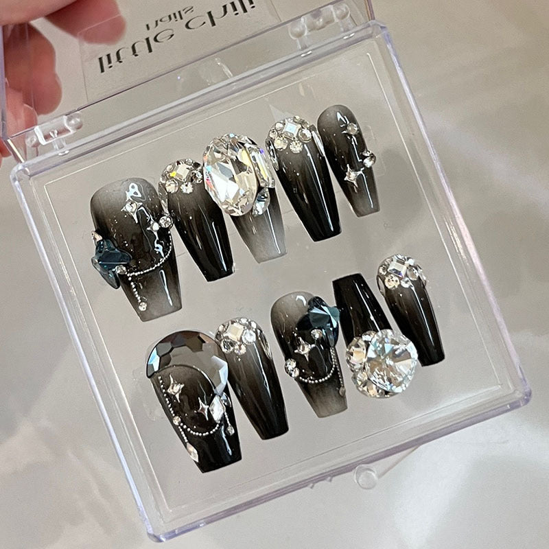 H195 STARRY SEA GLITTER MOON STAR DIAMOND HANDMADE NAIL