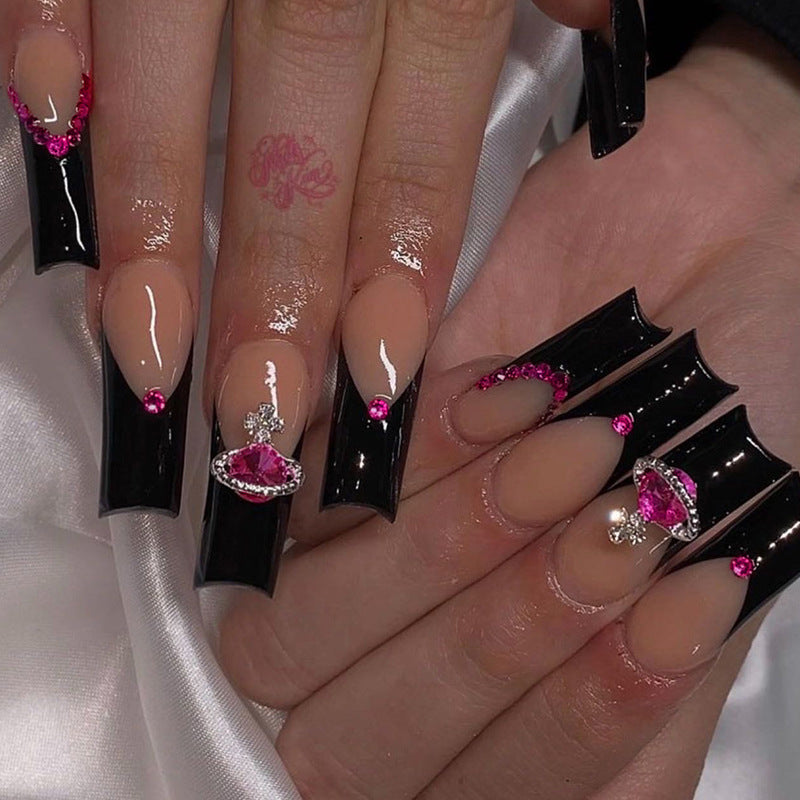 L35 BLACK BORDER ROSE RED RHINESTONE LONG NAIL