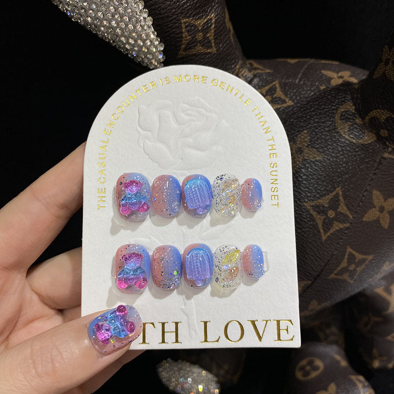 H29 STARRY SKY ICE CREAM BEAR HANDMADE NAIL