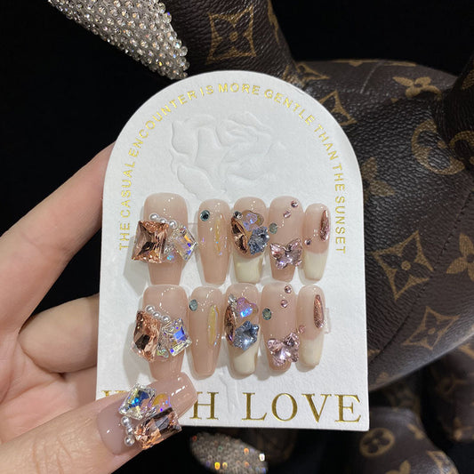 H28 NUDE PINK GOLD DIAMOND HANDMADE NAIL