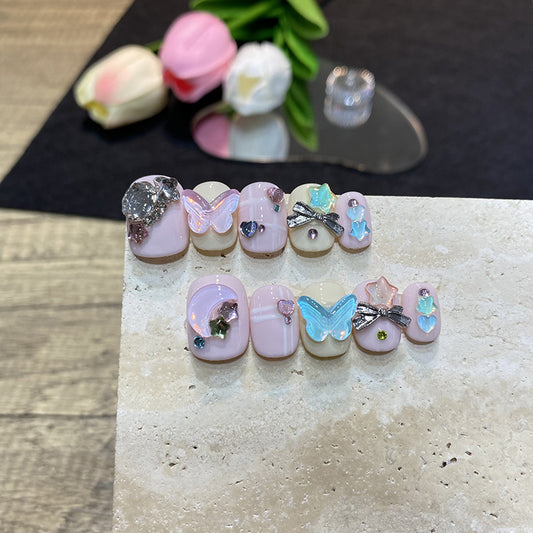 H30 CREAM COLORFUL SUMMER BUTTERFLY HANDMADE NAIL