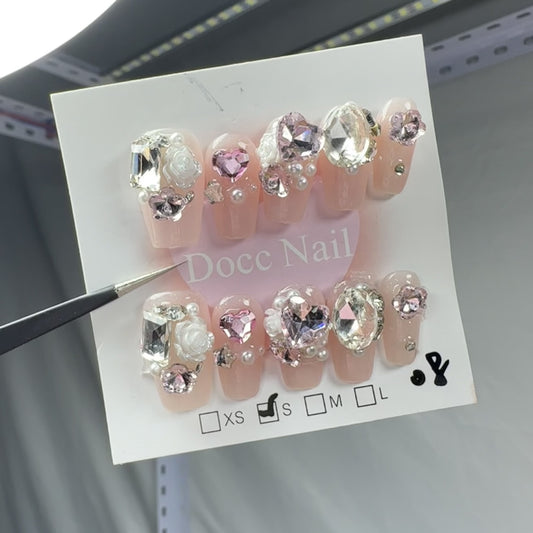 H59 NUDE PINL CAMELLIA DIAMOND HANDMADE NAIL