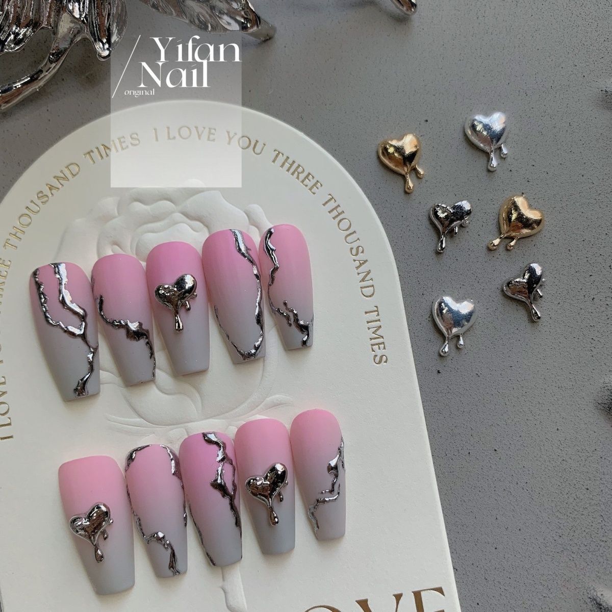 H197 LIQUID METAL HEART HANDMADE NAIL