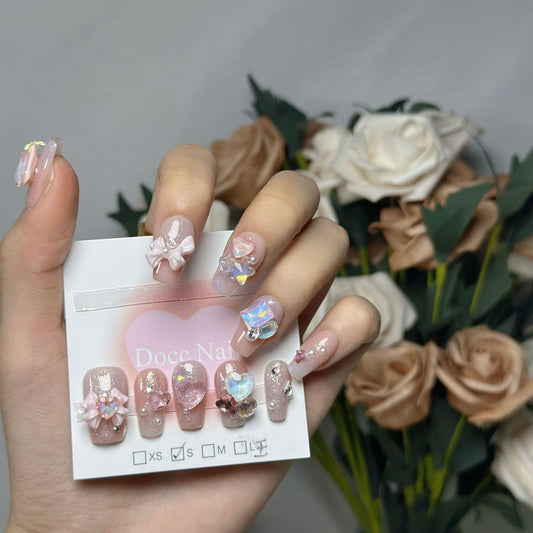 H61 BABY PINK JEWEL HEART BOW HANDMADE NAIL