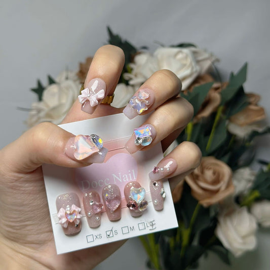 H52 GLITTER  NUDE PINK BOW HANDMADE NAIL