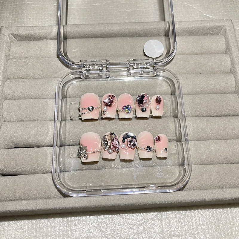 H43 NUDE PINK STAR GEM HEART HANDMADE NAIL