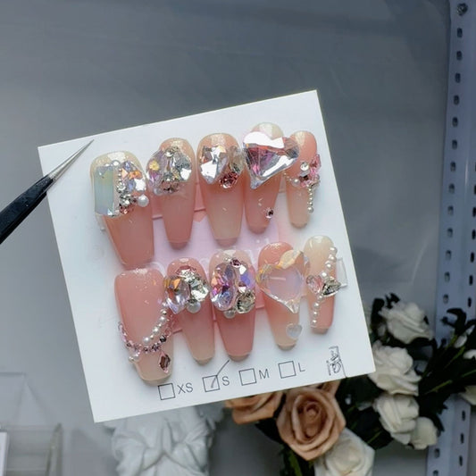 H54 NUDE PINK GEM PEARL HANDMADE NAIL