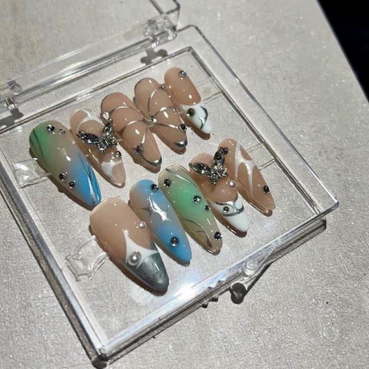 H141 BUTTERFLY MERMAID HANDDRAWN HANDMADE NAIL