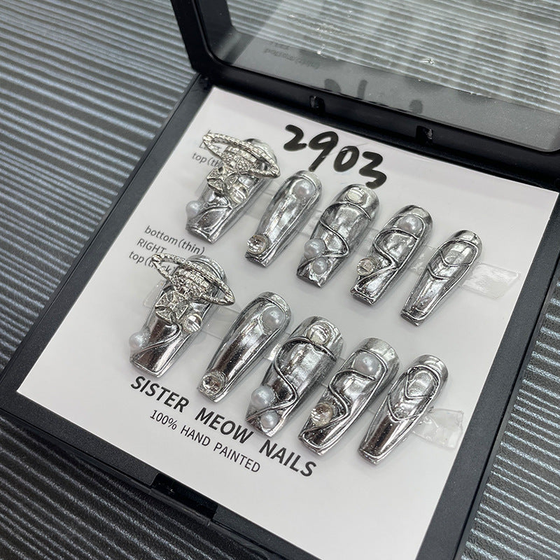 H40 PEARL HEAVY METAL SILVER HANDMADE NAIL