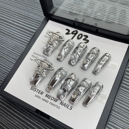 H40 PEARL HEAVY METAL SILVER HANDMADE NAIL