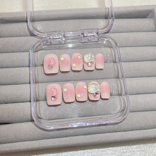 H73 NUDE PINK STAR MOON JADE HANDMADE NAIL