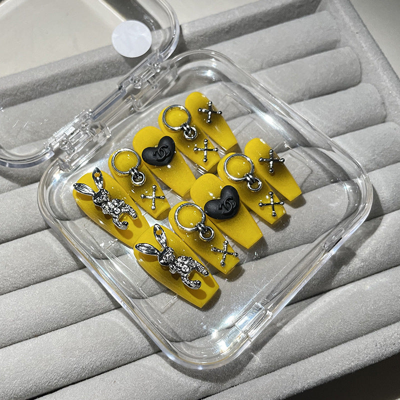 H48 BEIGE RABBIT HEART SILVER THREAD HANDMADE NAIL