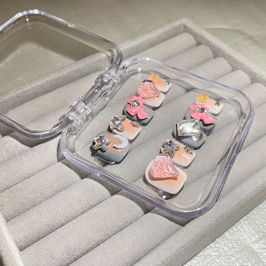 H70 NUDE HEART STAR BOW HANDMADE NAIL