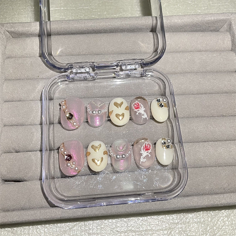 H71 BABY PINK PEARL HEART ROSE HANDMADE NAIL