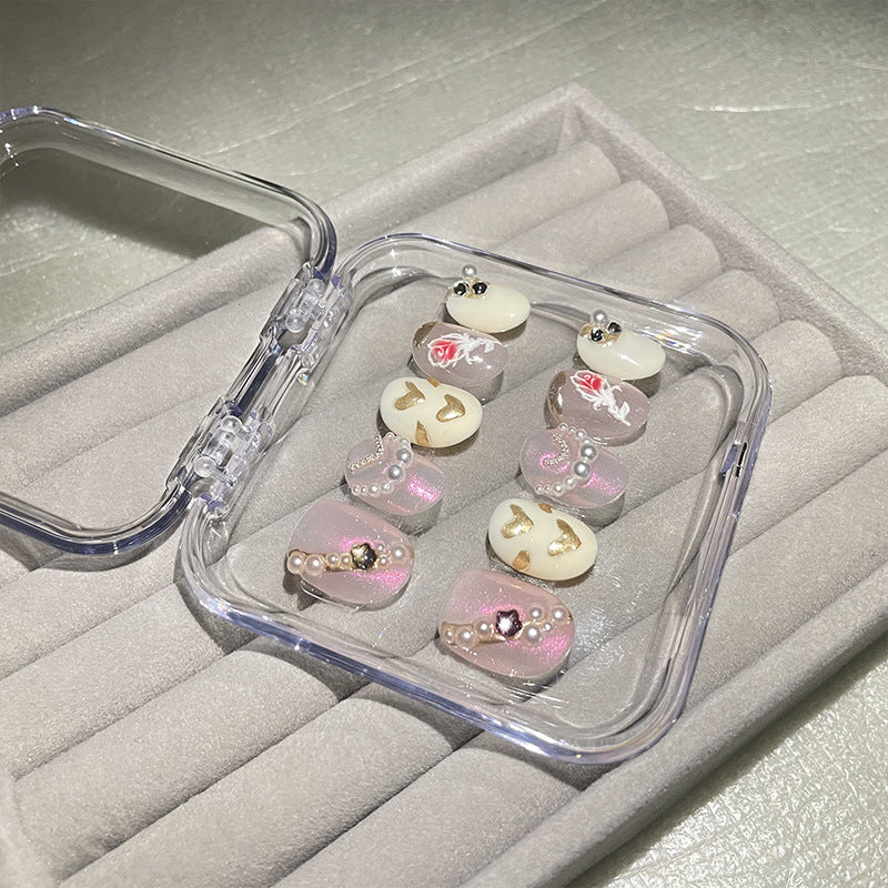 H71 BABY PINK PEARL HEART ROSE HANDMADE NAIL