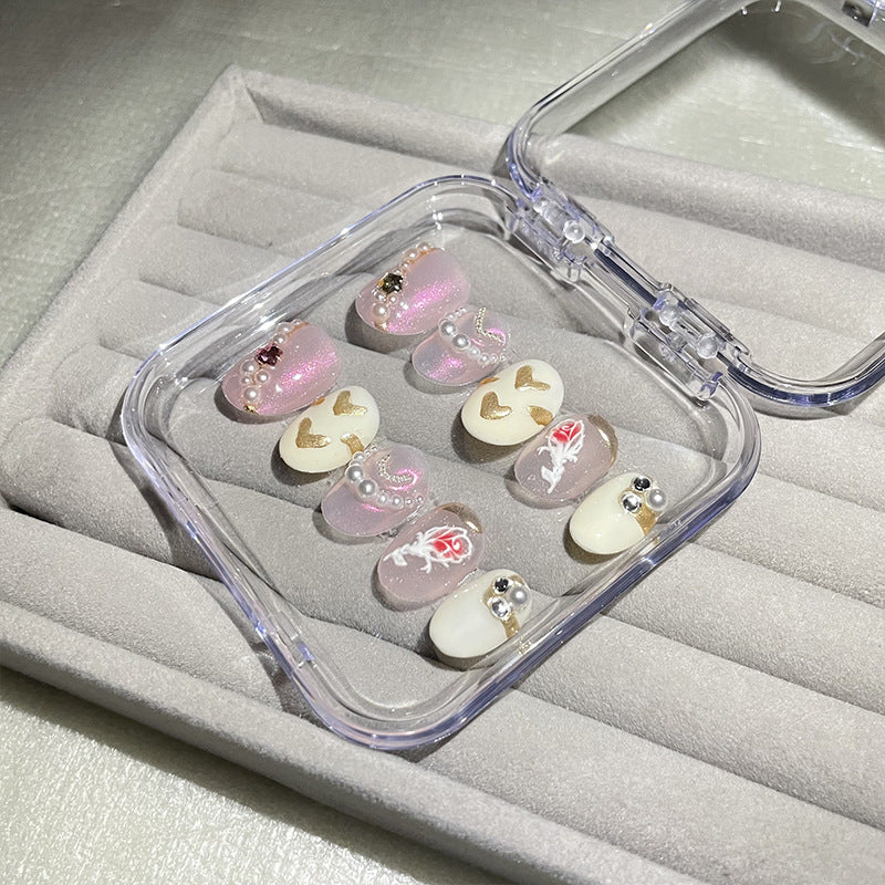 H71 BABY PINK PEARL HEART ROSE HANDMADE NAIL