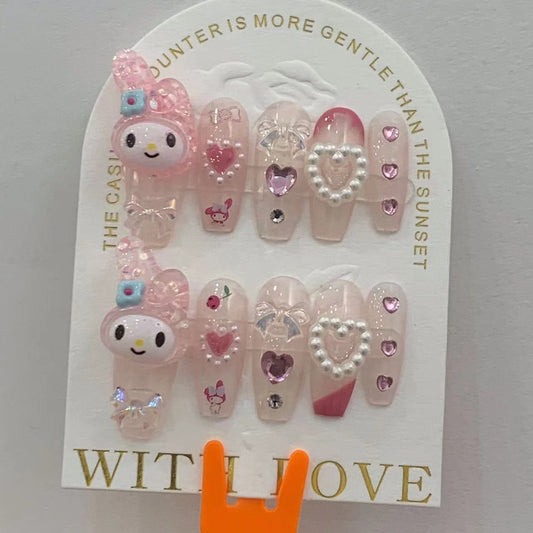 H264 Bright Pink Heart Cute Melody HANDMADE NAIL