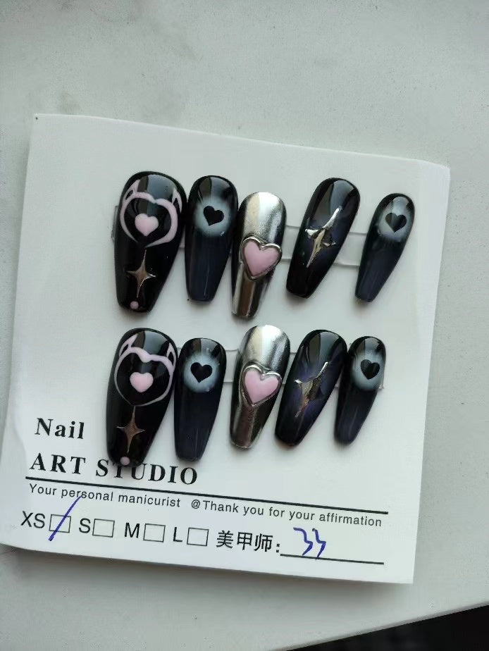 H266 Black heart Silver heart Gray heart HANDMADE NAIL