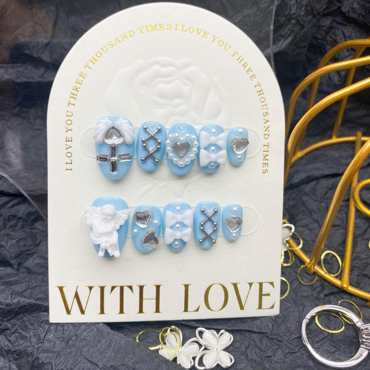 H17 ANGEL SKY BLUE HEART HANDMADE NAIL