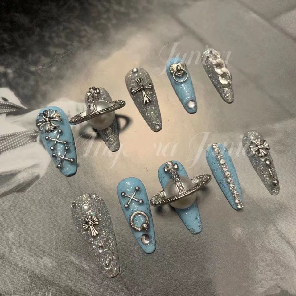 H267 Blue Silver Halo Planet HANDMADE NAIL