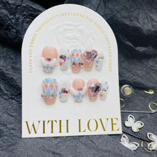 H18 CUTE ANGEL WINGS PINK DIAMOND HANDMADE NAIL