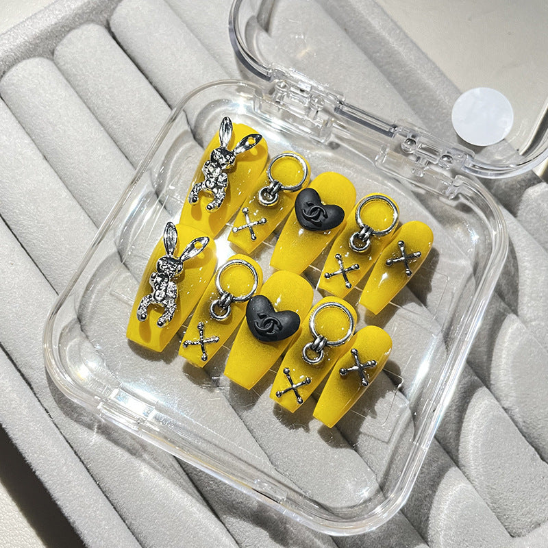 H48 BEIGE RABBIT HEART SILVER THREAD HANDMADE NAIL