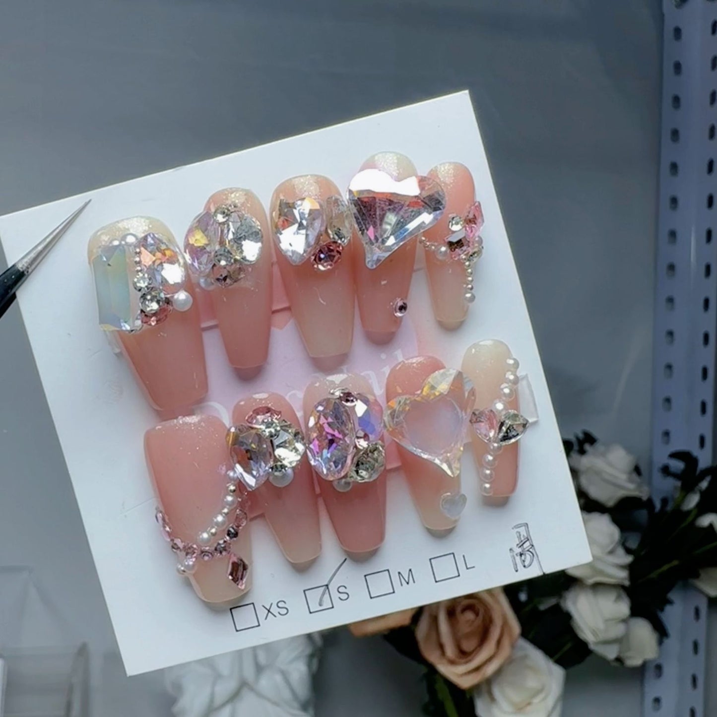 H54 NUDE PINK GEM PEARL HANDMADE NAIL