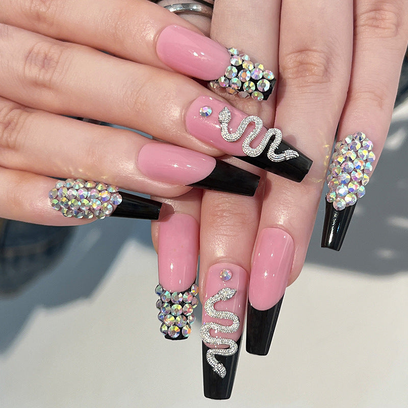 L37 NUDE PINK BLACK SILVER SNAKE DIAMOND LONG NAIL