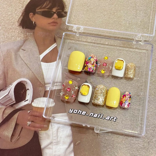 H165 YELLOW RHINESTONE HANDMADE NAIL