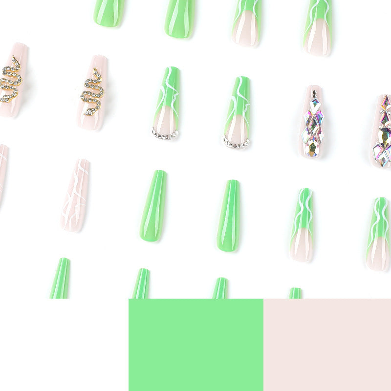 L27 GREEN PINK SERPENTINE CRYSTAL LONG NAIL
