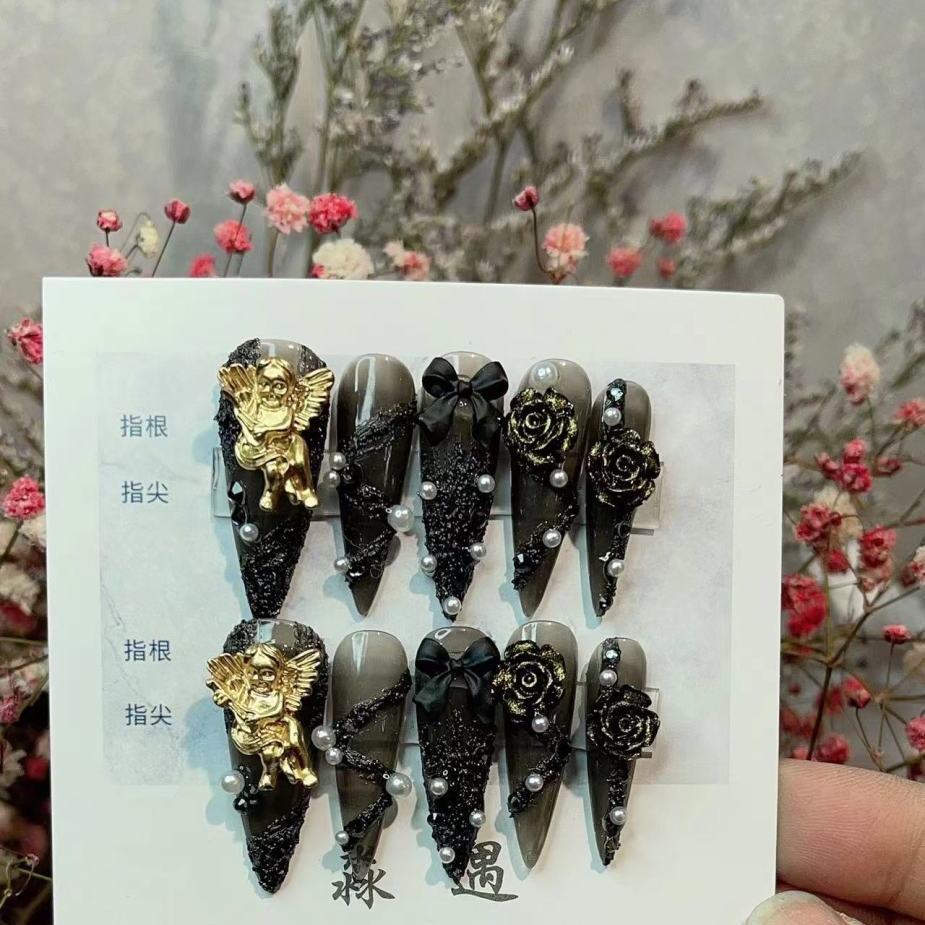 H126 BAROQUE GYPSUM ANGEL BLACK &  WHITE HANDMADE NAIL