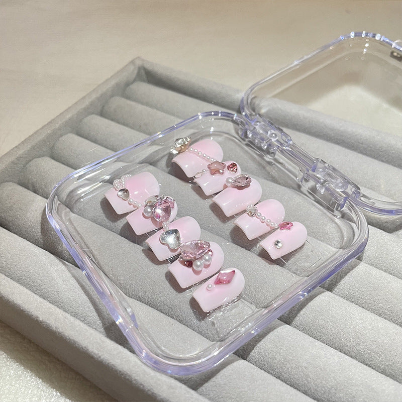 H46 BABY PINK CRYSTAL HEART PEARL HANDMADE NAIL