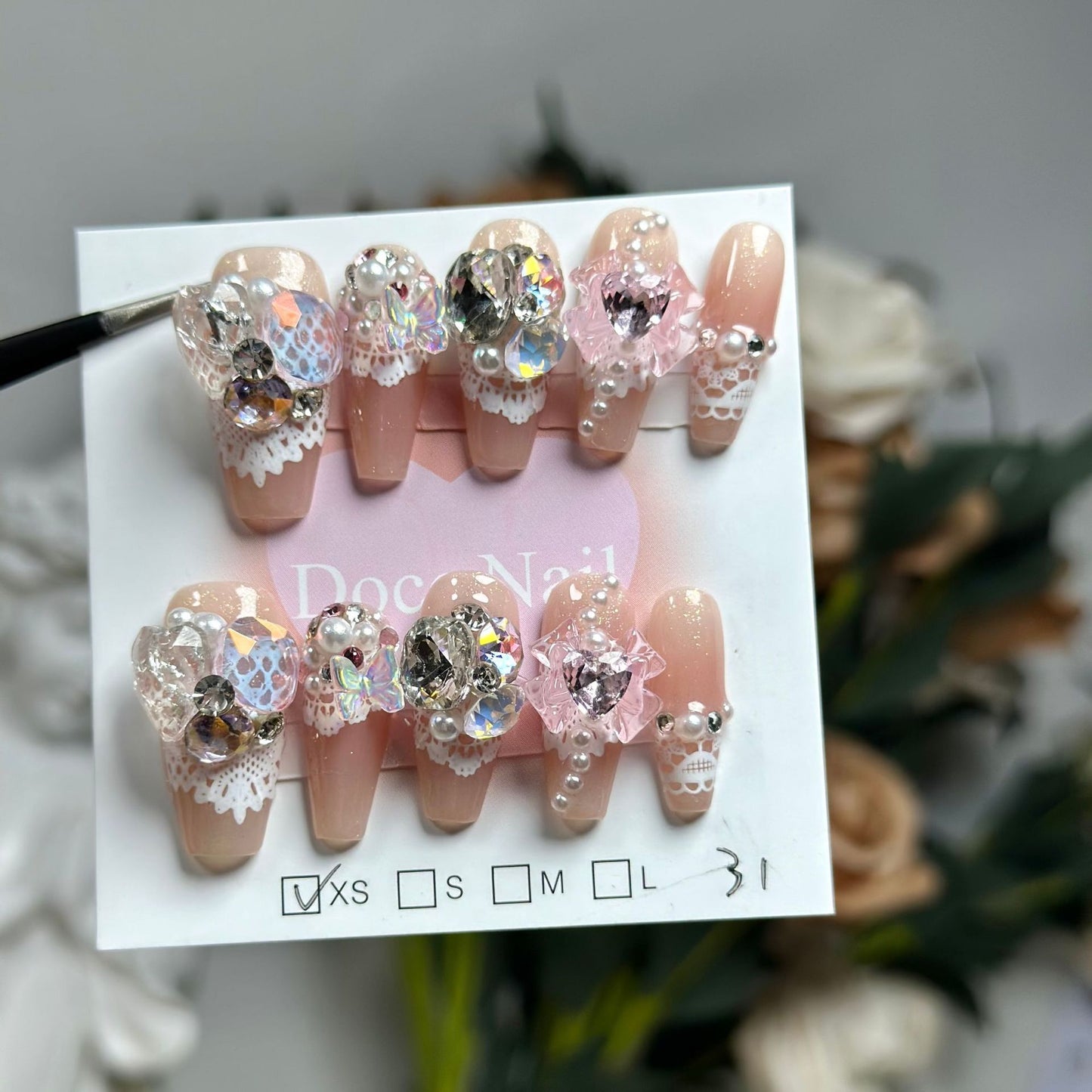 H52 GLITTER  NUDE PINK BOW HANDMADE NAIL