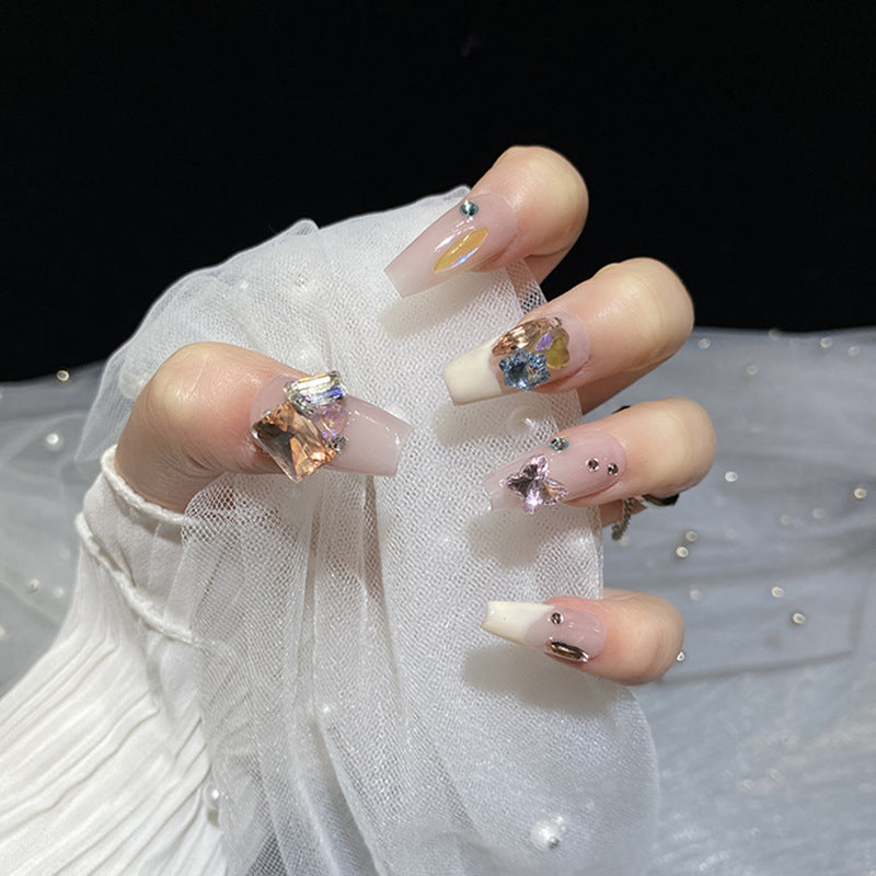 H28 NUDE PINK GOLD DIAMOND HANDMADE NAIL