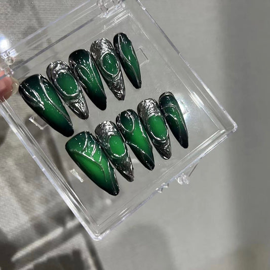 H172 DARK GREEN JADE HALO DYEING HANDMADE NAIL