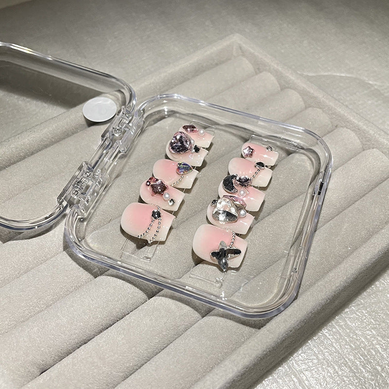 H43 NUDE PINK STAR GEM HEART HANDMADE NAIL