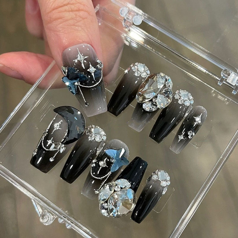 H195 STARRY SEA GLITTER MOON STAR DIAMOND HANDMADE NAIL