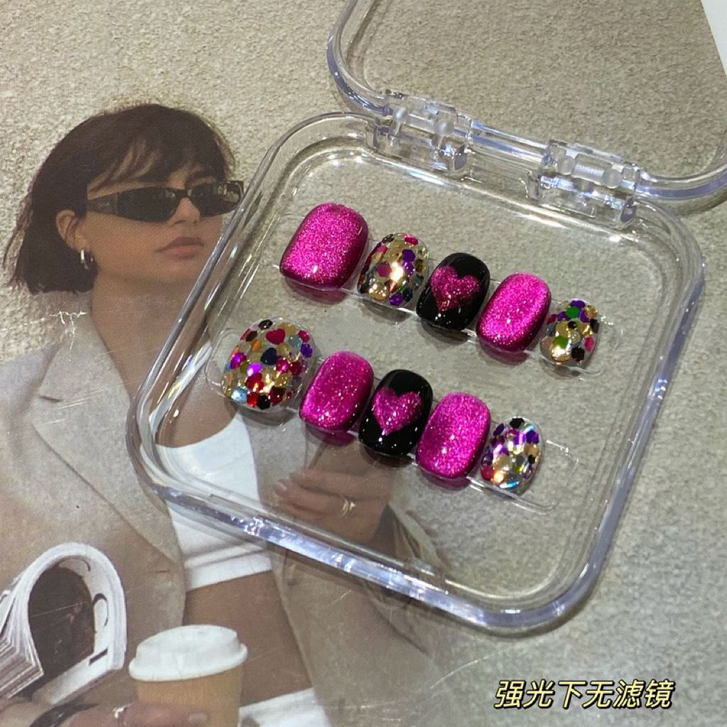H137 PINK LOVE BLACK CHECKER DIAMOND HANDMADE NAIL