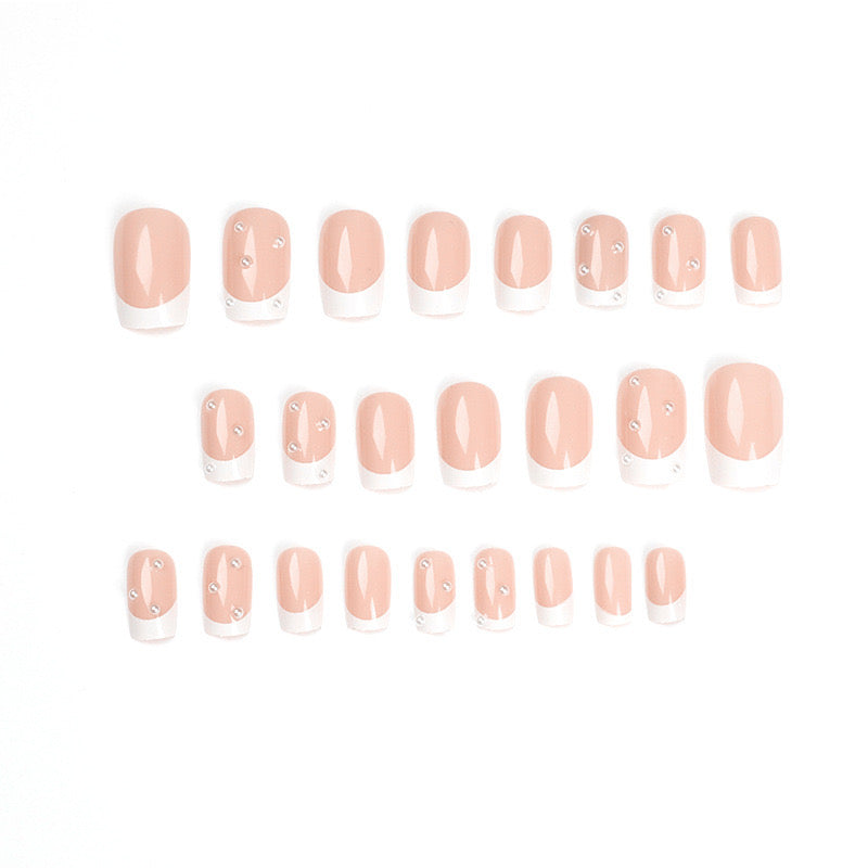 S48 Light pink white border with small pearl SHORT NAIL