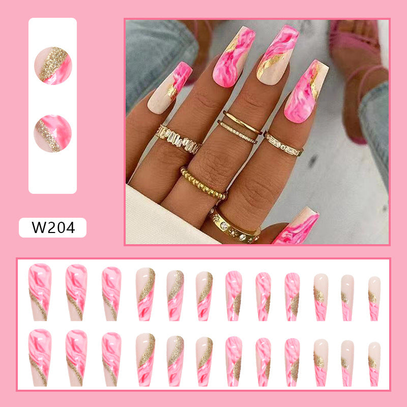 L33 SPLICING GLITTER GOLD & PINK LONG NAIL