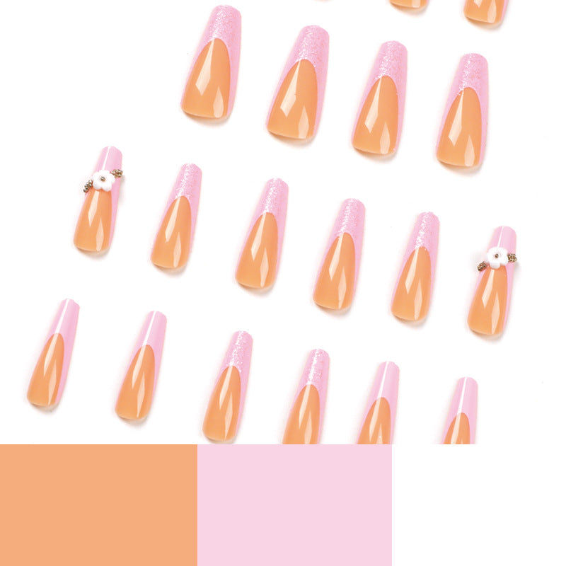 L38 SHINY PINK ORANGE FLOWER LONG NAIL