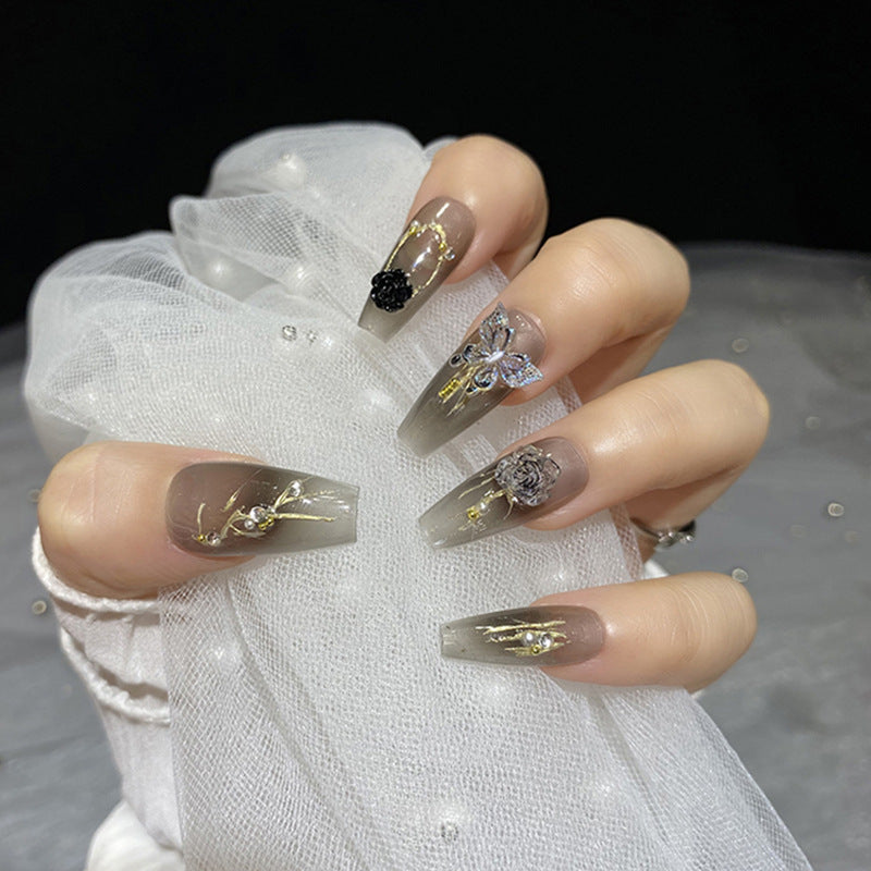 H26 FLOWER GRADUAL DARK BUTTERFLY HANDMADE NAIL