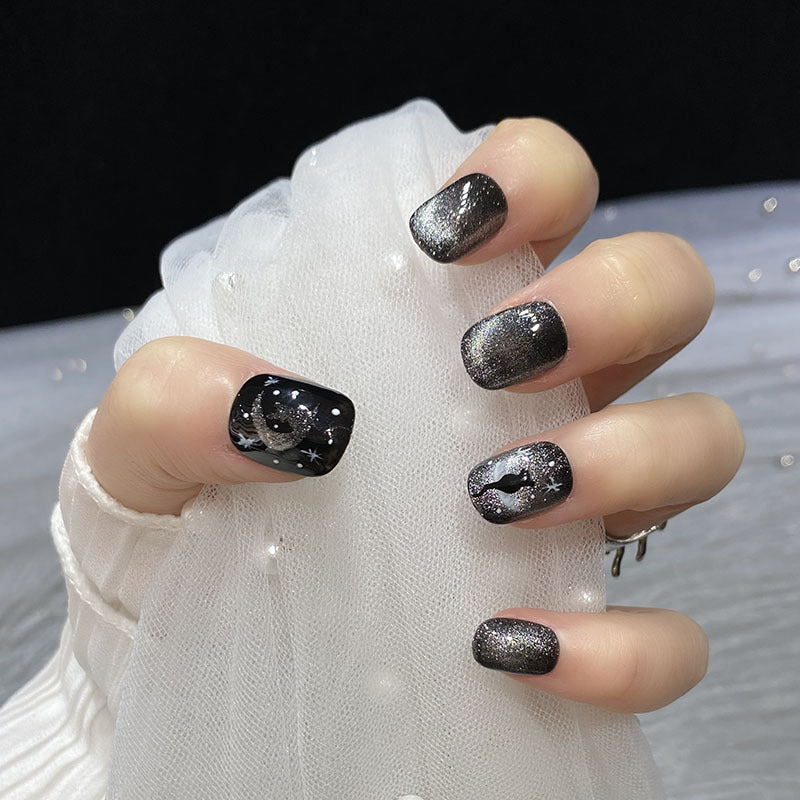 HK22 STARRY SKY BLACK CAT EYE HANDMADE NAIL